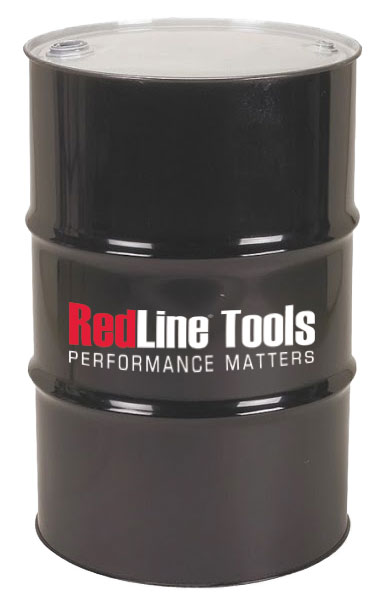 A 55-gallon, water-soluble coolant drum, made by RedLine Tools in the USA.
