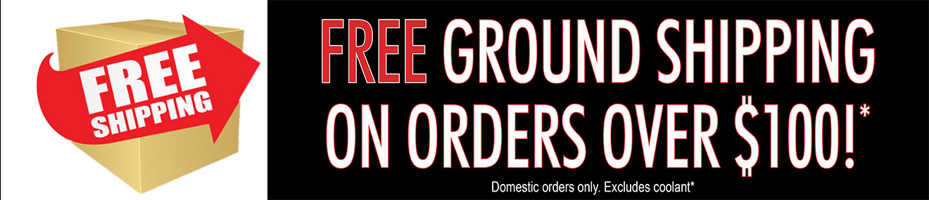 A banner sign exclaiming RedLine Tools offers free domestic ground shipping on orders over $100.